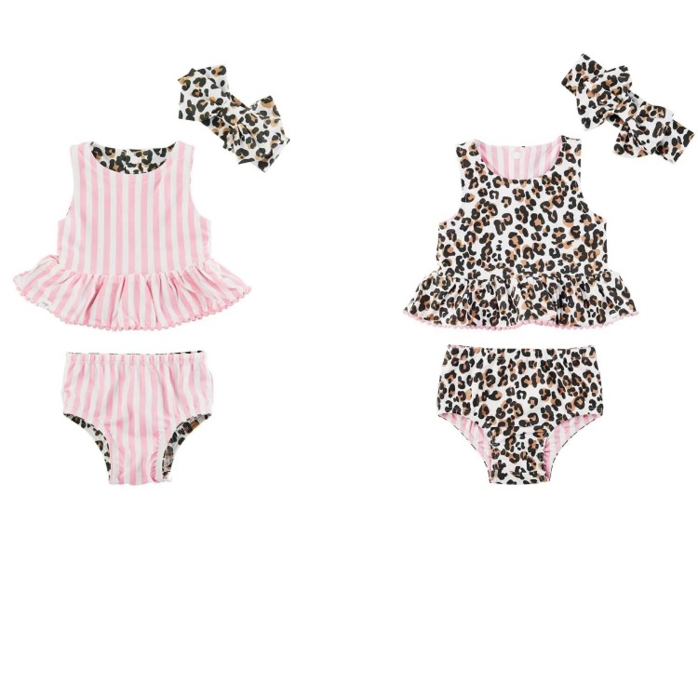 Mud pie leopard/pink stripe reversible tankini swimsuit set 5t